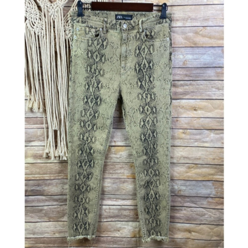 Zara | Snake Python Print Denim Raw Hem High Rise… - image 2